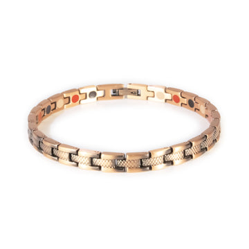 Ember copper negative ion bracelet with cross-hatched etched design, front clasped view.